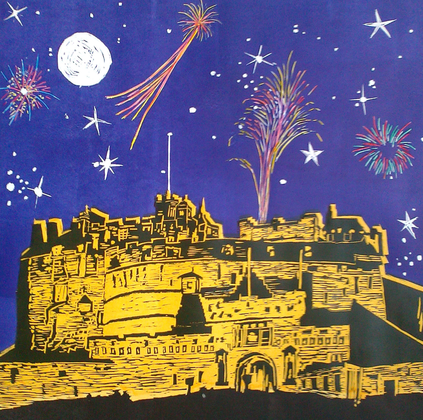 Linocut Edinburgh Castle with Moon Stars and Fireworks